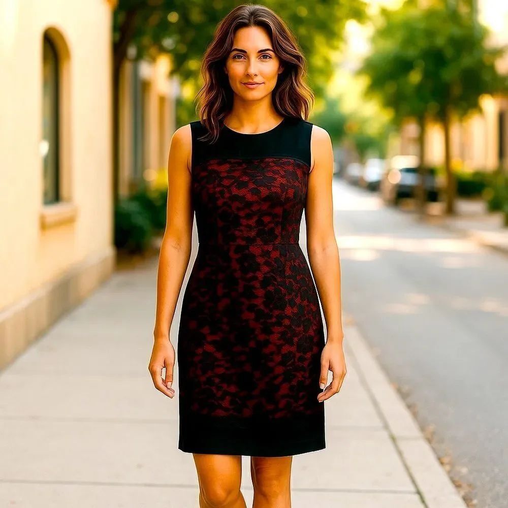 Nicole Miller Black & Red Lace Sheath Dress Size Medium
